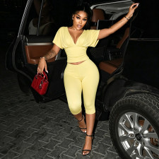 Deep V Neck Ruched Top Two Piece Pants Set MXBF-J26ST224