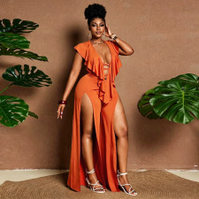 Plus Size Ruffles Wide Leg Split Jumpsuit NNWF-8179