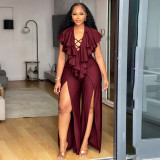 Plus Size Ruffles Wide Leg Split Jumpsuit NNWF-8179