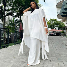 Plus Size Solid Color Shawl Top Wide Leg Pants Suit NNWF-8172