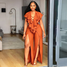 Plus Size Ruffles Wide Leg Split Jumpsuit NNWF-8179