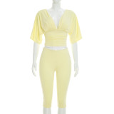 Deep V Neck Ruched Top Two Piece Pants Set MXBF-J26ST224