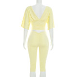 Deep V Neck Ruched Top Two Piece Pants Set MXBF-J26ST224