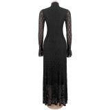 Lace See Through Long Sleeve Maxi Dress BY-7711