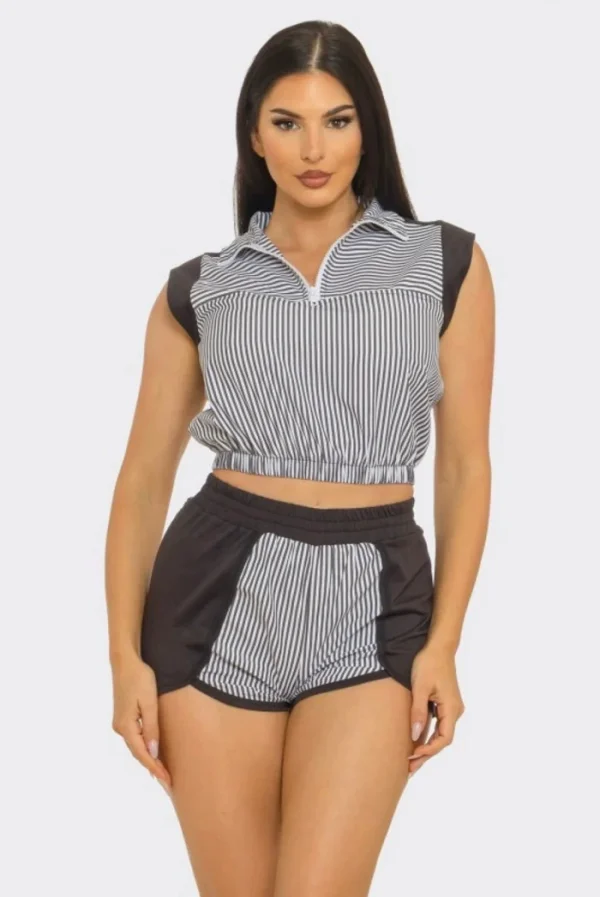 Stripe Lapel Sleeveless Two Piece Shorts Set GBGF-26582