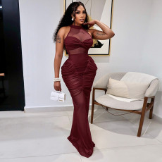 Mesh Patchwork See Through Sleeveless Maxi Dress GDSF-D26DS180