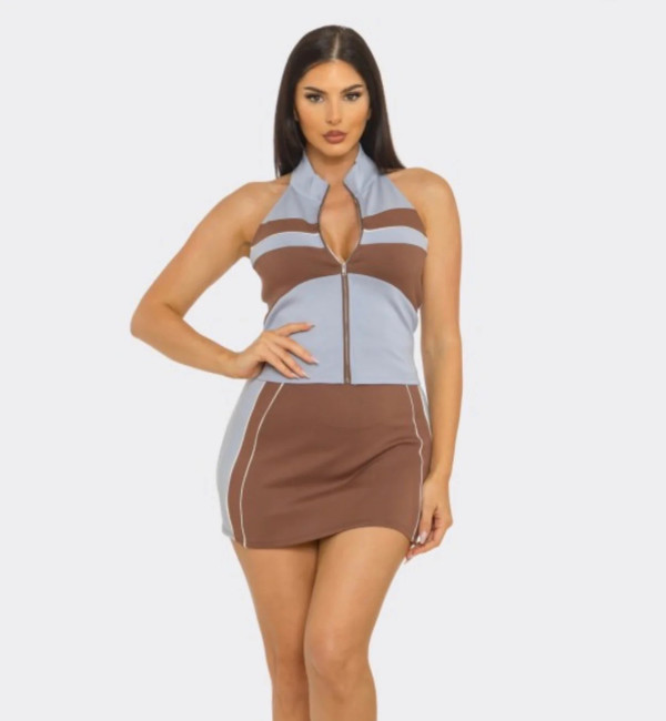 Color Block Zipper Top Two Piece Skirts Set GBGF-265283