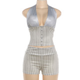 V Neck Halterneck Vest Two Piece Shorts Set XEF-K6S09317A