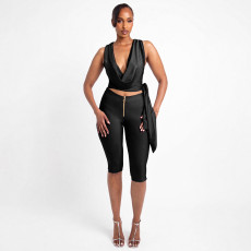 Sleeveless Solid Color Tie Up Top Seventh Pants Suit MXBF-J26ST201