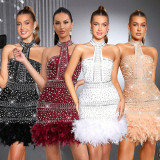 Hot Drill Feather Patchwork Midi Dress CYA-902384