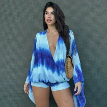 Tie Dye Print Flare Sleeve Two Piece Short Set GDSF-D26ST156