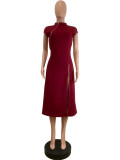 Solid Color Zipper Split Midi Dress QODY-6077