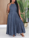 Halterneck Backless Deniim Maxi Dress AIL-353