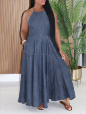 Halterneck Backless Deniim Maxi Dress AIL-353