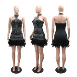 Hot Drill Feather Patchwork Midi Dress CYA-902384
