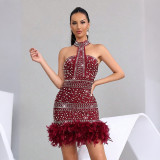 Hot Drill Feather Patchwork Midi Dress CYA-902384