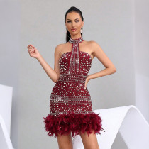 Hot Drill Feather Patchwork Midi Dress CYA-902384