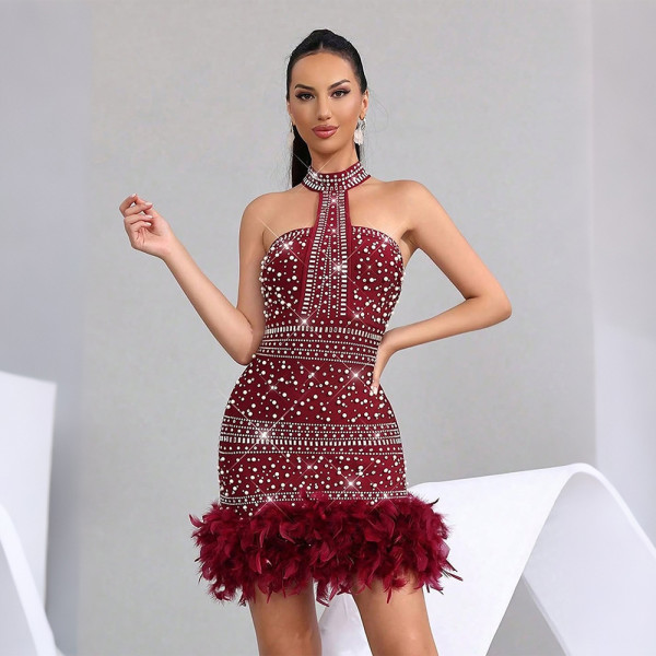 Hot Drill Feather Patchwork Midi Dress CYA-902384