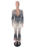 Deep V Neck Print Hollow Out Jumpsuit SHD-9991