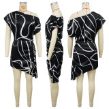 Print Slash Shoulder Mini Dress YF-11011