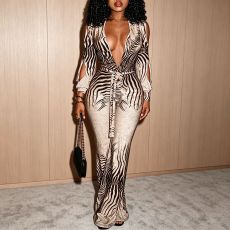 Deep V Neck Print Hollow Out Jumpsuit SHD-9991