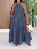 Halterneck Backless Deniim Maxi Dress AIL-353