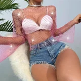 Fishnet Rhinestone Sexy Cutout Beach T-Shirt GZYY-W1122-3