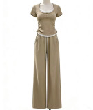 Short Sleeve Sport Top Wide Leg Pants 2 Piece Set SSNF-211525