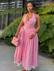 Polka Dot Print Halterneck Big Swing Maxi Dress SH-391574