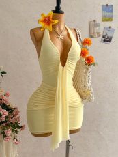 Solid Color Halterneck Ruched Mini Dress GXIY-K26L2515