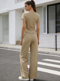 Short Sleeve Sport Top Wide Leg Pants 2 Piece Set SSNF-211525