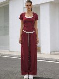 Short Sleeve Sport Top Wide Leg Pants 2 Piece Set SSNF-211525