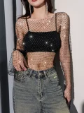 Fishnet Rhinestone Sexy Cutout Beach T-Shirt GZYY-W1122-3