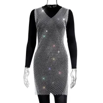 Sexy Mesh Sparkle Diamond Fishnet Mini Dress GZYY-1002