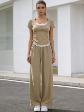 Short Sleeve Sport Top Wide Leg Pants 2 Piece Set SSNF-211525