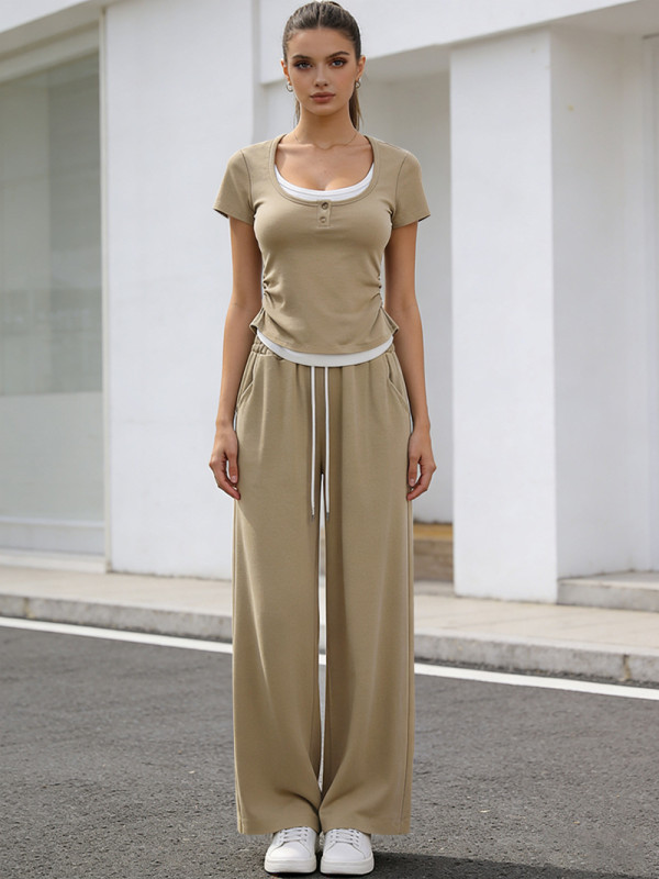 Short Sleeve Sport Top Wide Leg Pants 2 Piece Set SSNF-211525