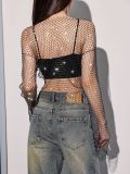 Fishnet Rhinestone Sexy Cutout Beach T-Shirt GZYY-W1122-3