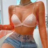 Fishnet Rhinestone Sexy Cutout Beach T-Shirt GZYY-W1122-3