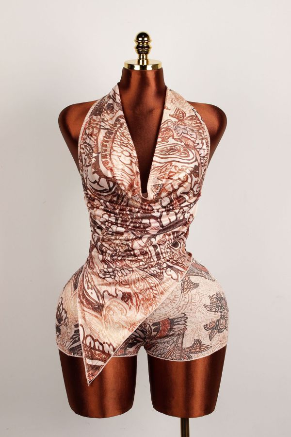 Deep V Neck Tie Up Two Piece Shorts Set YWXS-K25L602