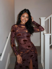Mesh Print See Through Spli Maxi Dress YWXS-K25L1759