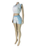 Stripe Print Zipper Two Piece Shorts Set CH-26026