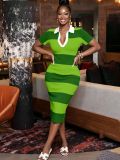 Plus Size Stripe V Neck Split Midi Dress ZDF-33528