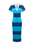 Plus Size Stripe V Neck Split Midi Dress ZDF-33528