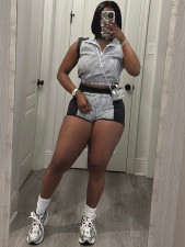 Stripe Print Zipper Two Piece Shorts Set CH-26026