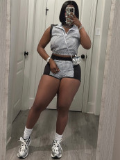 Stripe Print Zipper Two Piece Shorts Set CH-26026