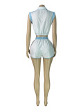 Stripe Print Zipper Two Piece Shorts Set CH-26026