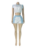 Stripe Print Zipper Two Piece Shorts Set CH-26026