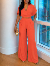 Solid Color Lapel V Neck Two Piece Pants Set HNIF-MC038
