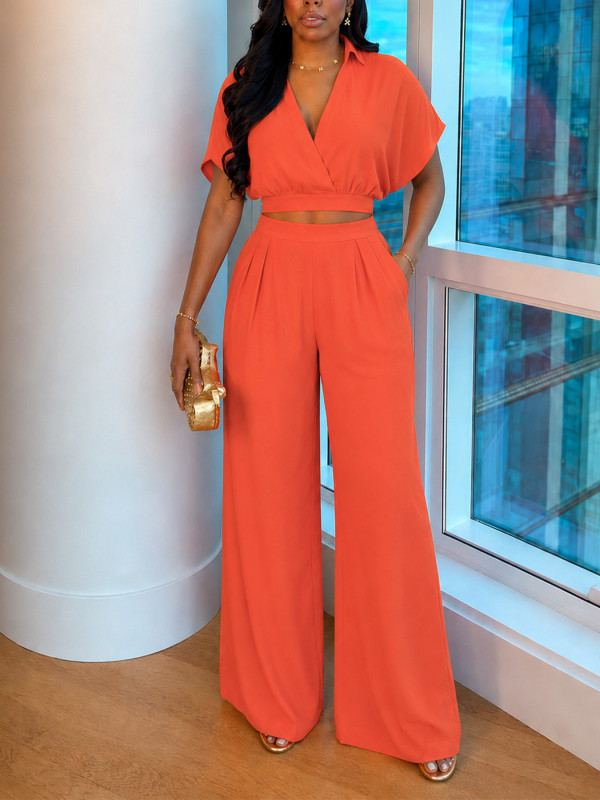 Solid Color Lapel V Neck Two Piece Pants Set HNIF-MC038