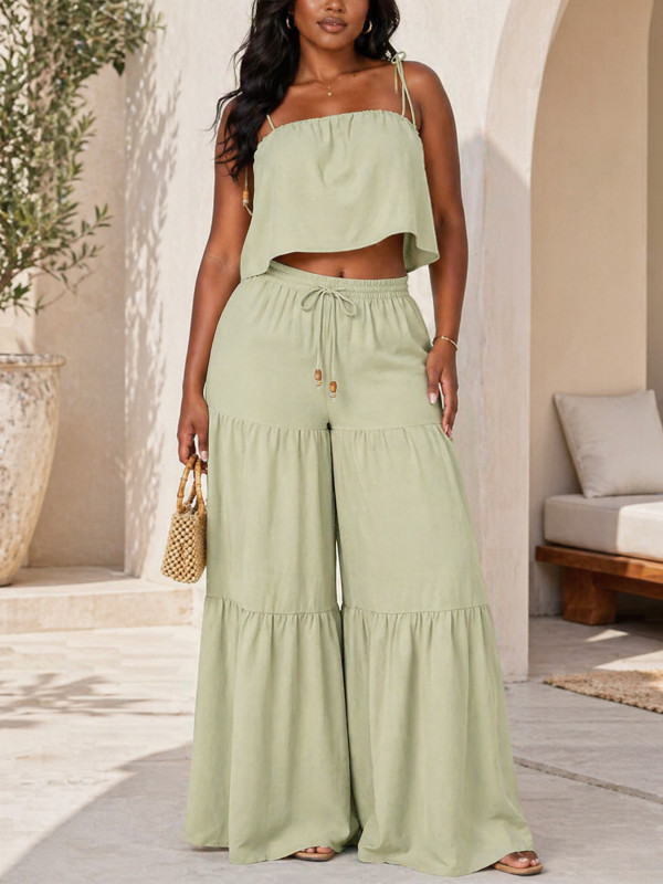 Solid Color Slint Top Wide Leg Pants 2 Piece Set HNIF-YY042